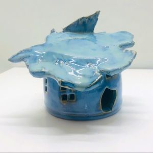 Wardell Pottery Leaf Spirit House Blue Glaze Fairy Soul Yard Art Sculpture